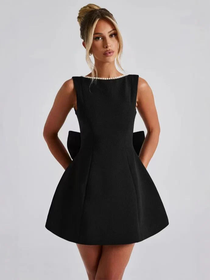 Pearl Beaded Backless Bow Flare Short Dress